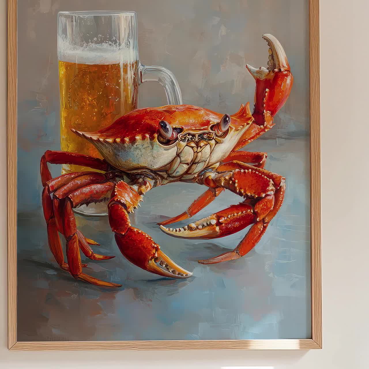リラックスしたカニの油絵プリント | ビールウォールアート | 面白い